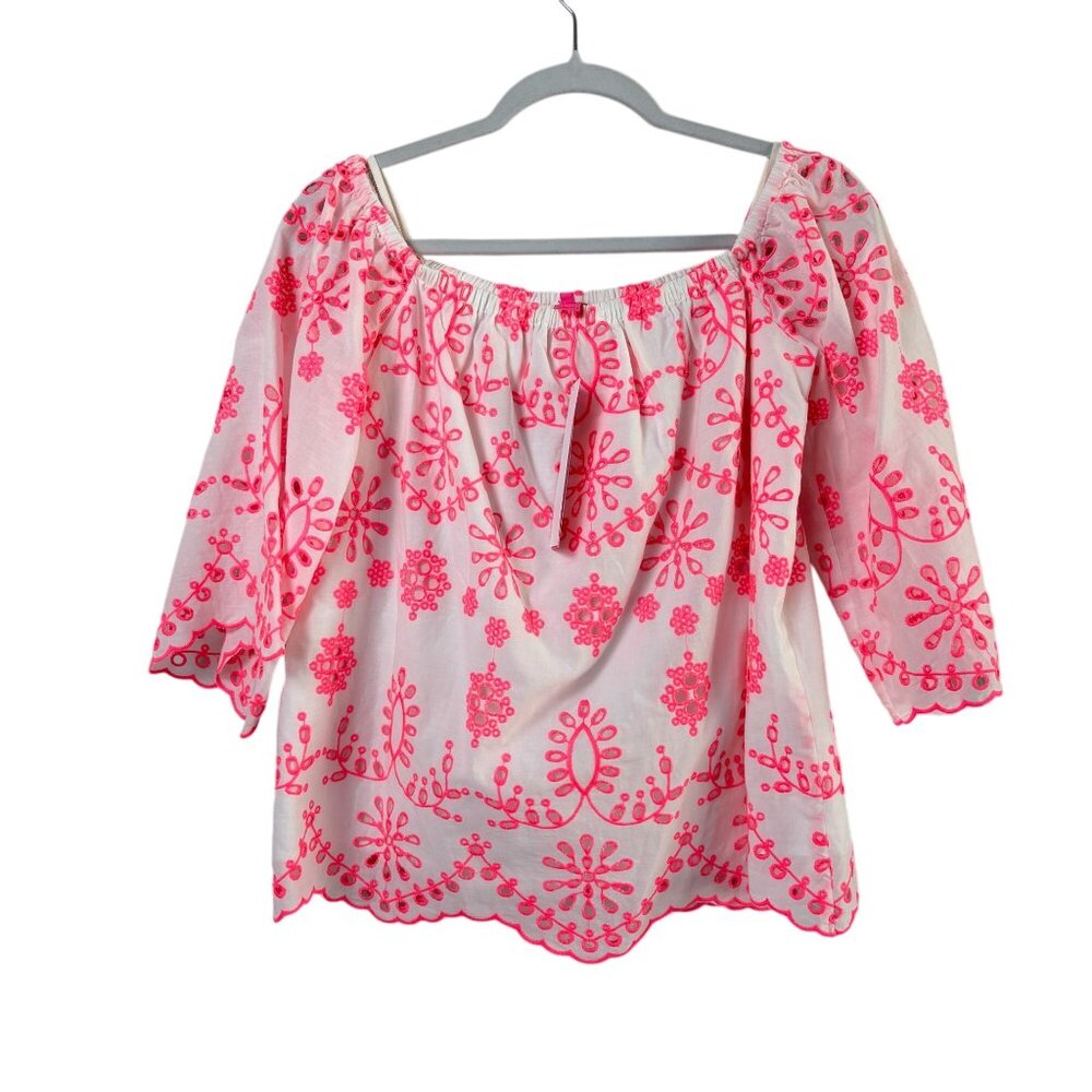Lilly Pulitzer Laurenne Top Size M Karmic Coral Neon Eyelet Off Shoulder NWT